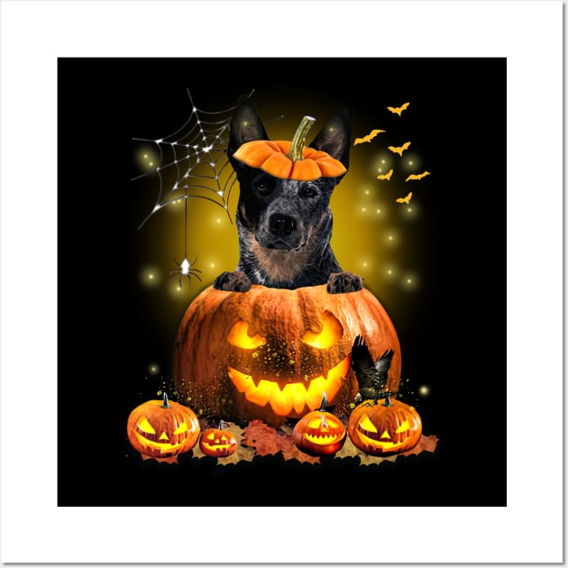 Blue Heeler Spooky Halloween Pumpkin Dog Head Gift Wall Art by Los Draws